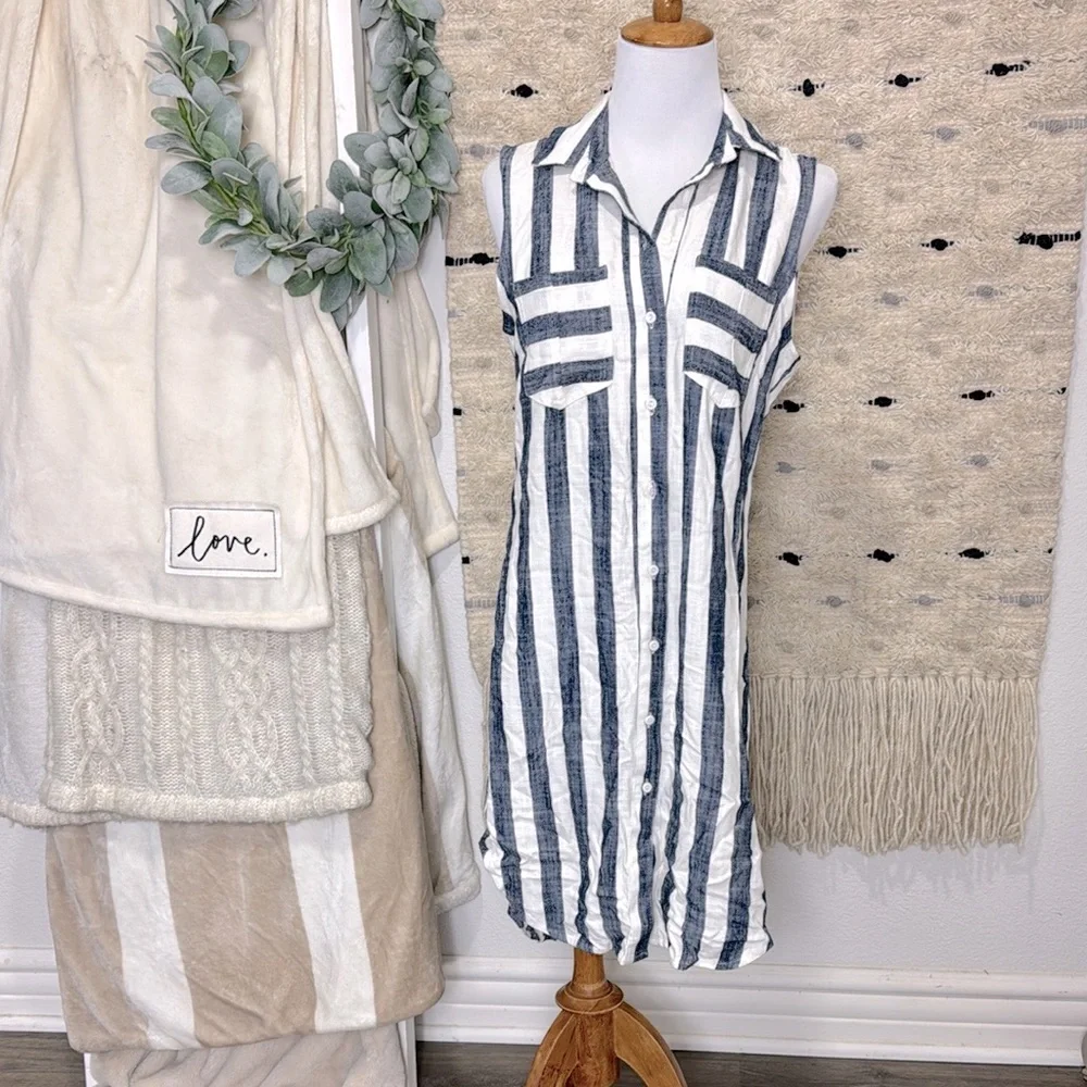 Hope & Harlow blue and White button down Striped Midi shirt Dress size 8 - Picture 1 of 8